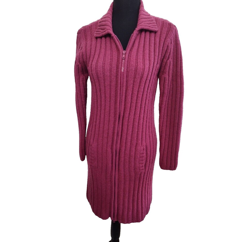 Women's REVUE Fuchsia dark Pink Wool Long Sweater M Full Zipper Pockets Vintage